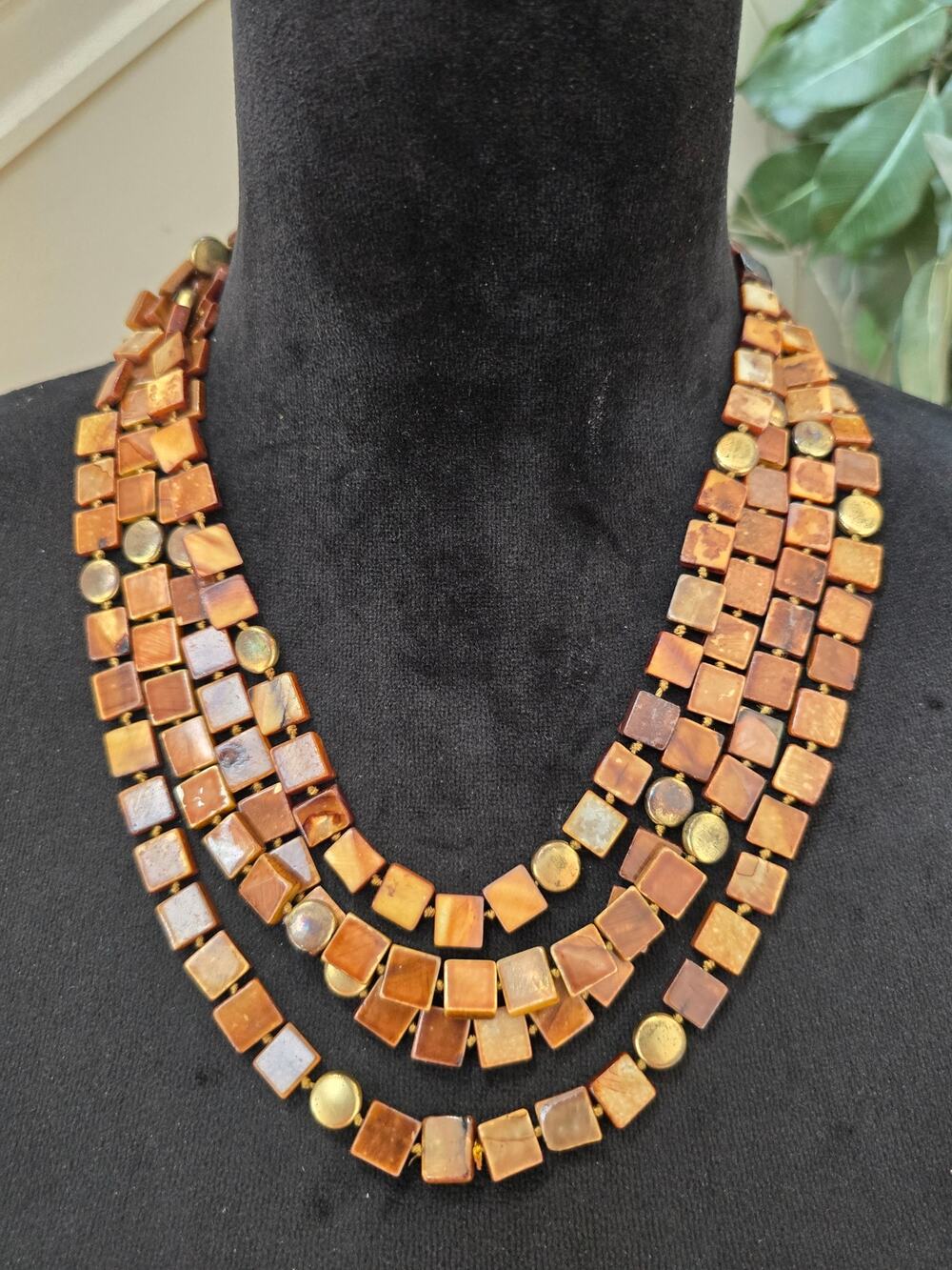 Talbot's Lightweight Orange Brown Multi Strand Square Beaded Statement Necklace